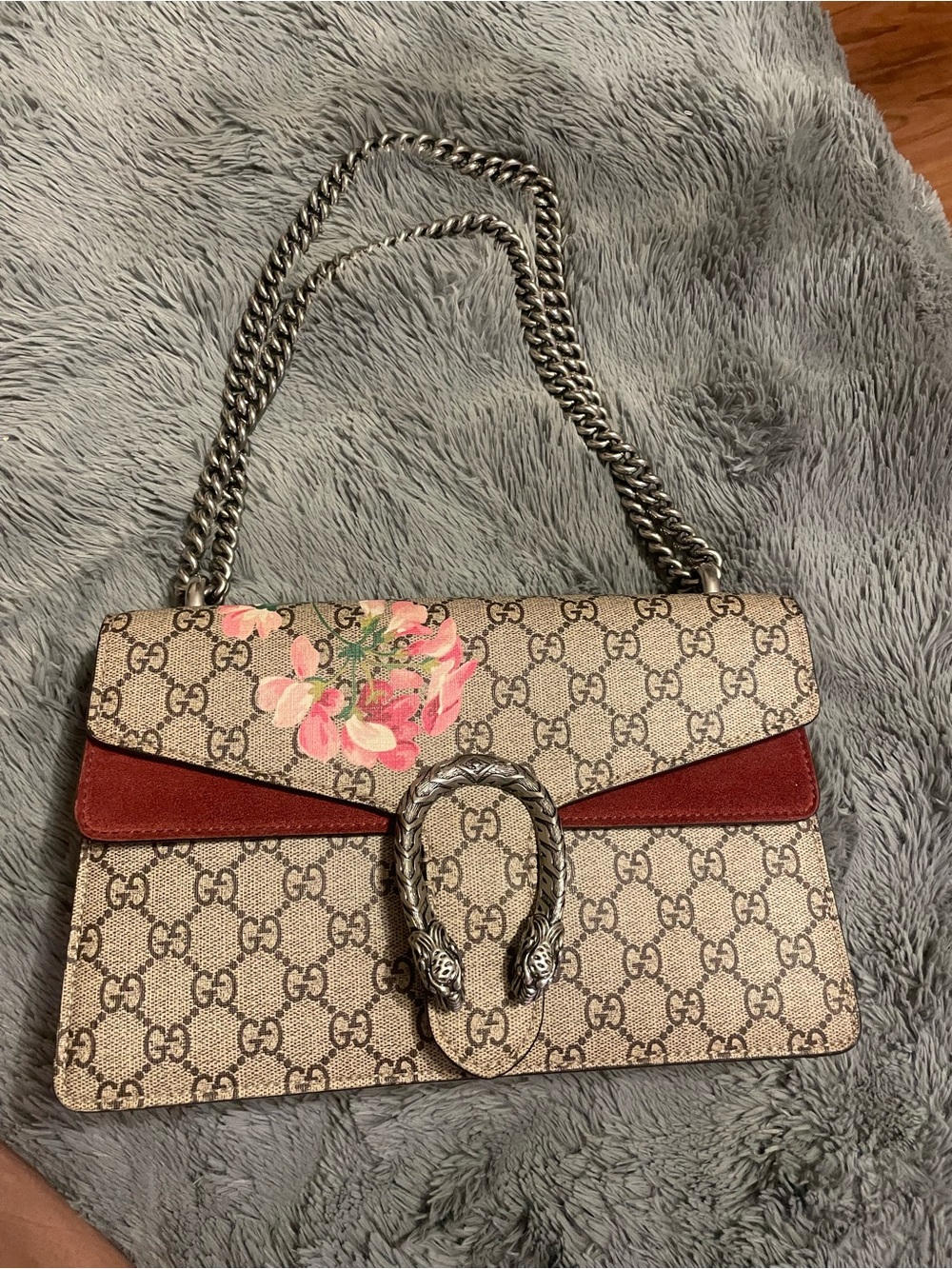 Gucci Beige GG Supreme Shoulder Bag with Pink Floral and Red Accents